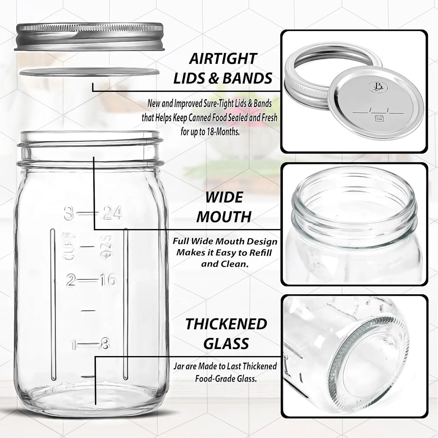 Wide Mouth Mason Jars 32 oz (6 Pack) Clear Glass with Airtight Lids X947