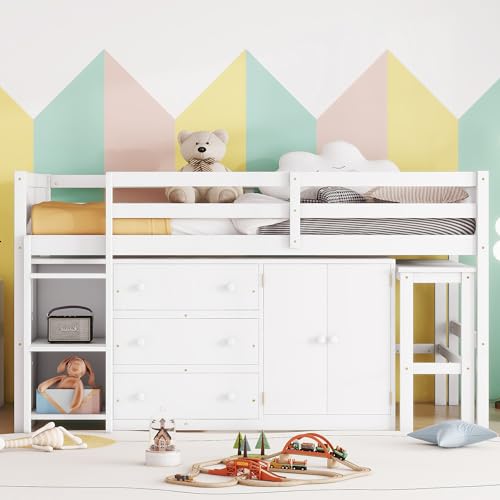Full Size Platform Bed with Storage Headboard Bookcase, 2 Drawers Underneath and Charging Station, for Bedroom/Guest Room, White