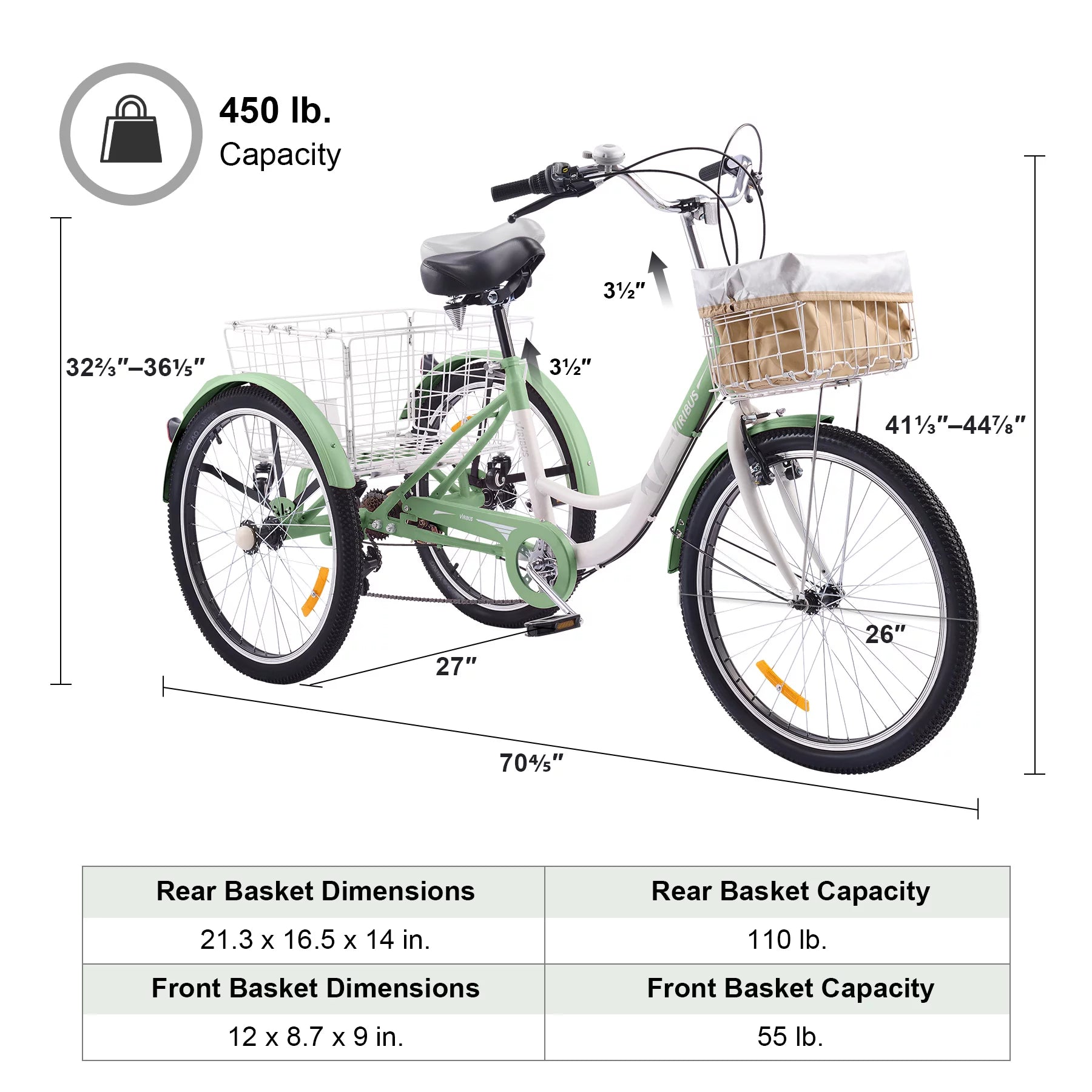 VIRIBUS Adult Tricycle 26 Inch 7 Gears with Front Rear Basket O4659