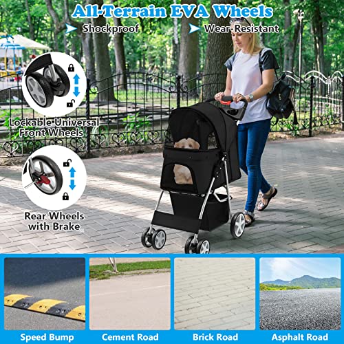 S AFSTAR 4 Wheels Pet Stroller Folding Cat Dog Carrier with Storage Basket, Black P905
