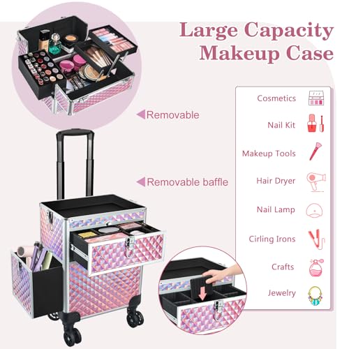 Professional Rolling Makeup Train Case with 360° Swivel Wheels, Large Storage Traveling Cart Trunk Y9925