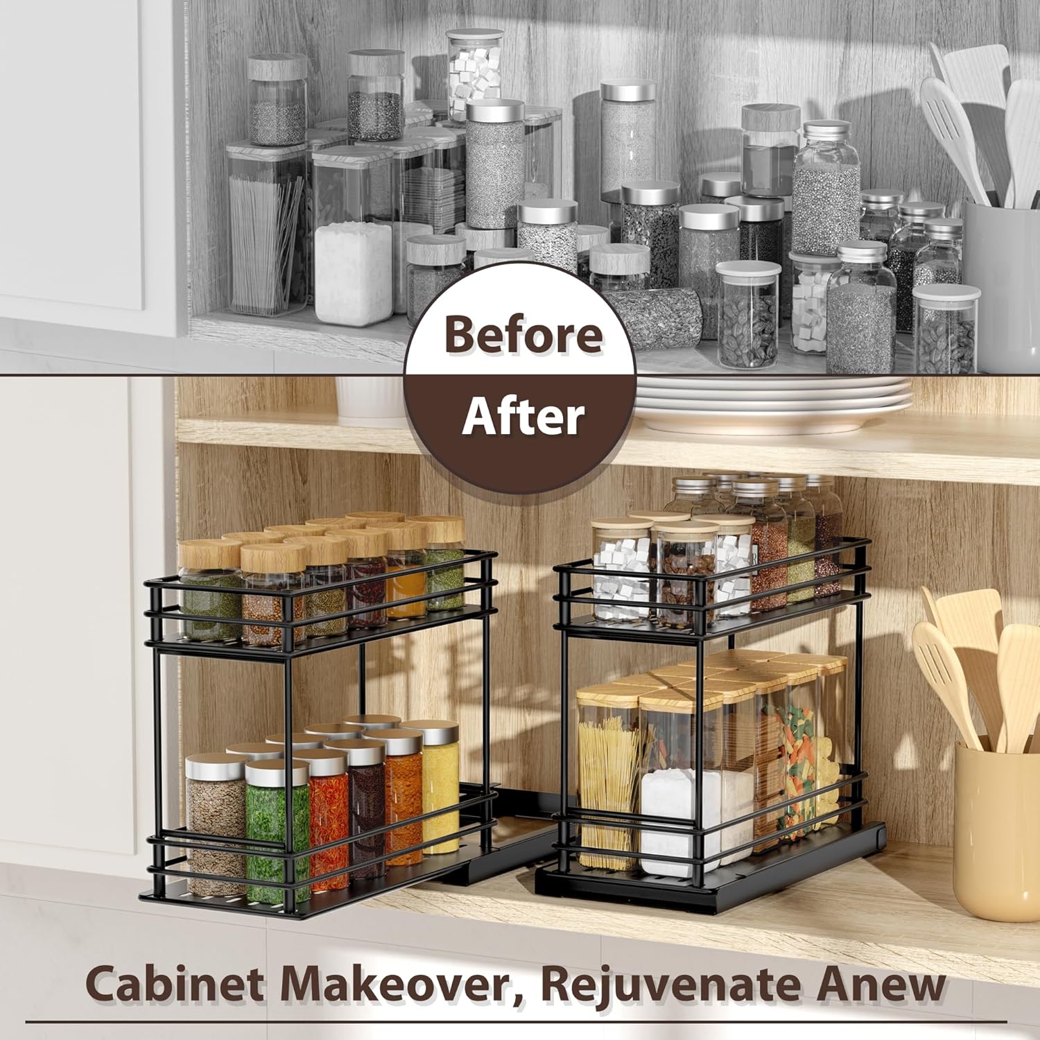 Tikea Spice Rack Organizer 2-Pack, 2-Tier Pull Out for Kitchen Cabinet S2816