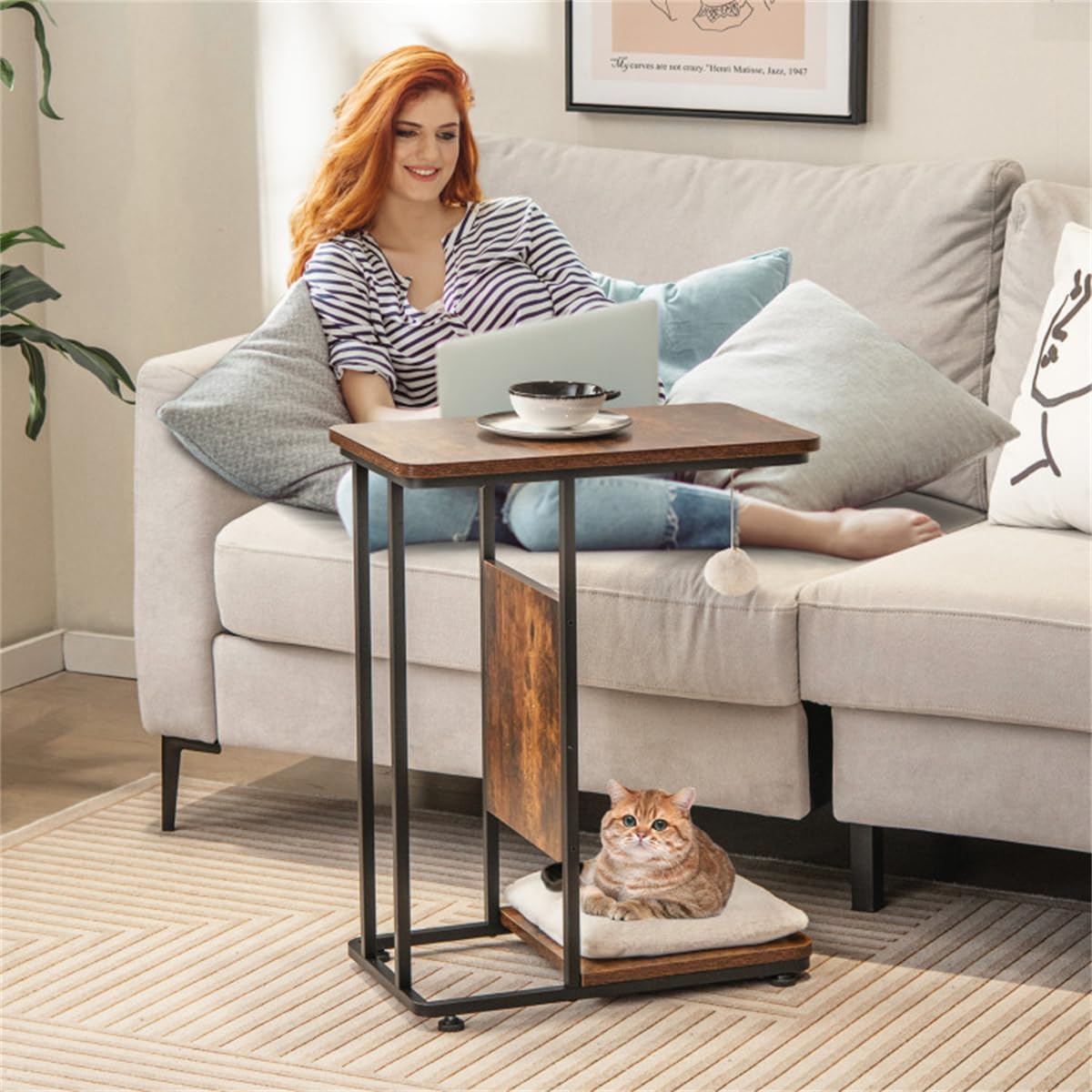 Cat End Table with Scratching, Industrial Style Nightstand M569