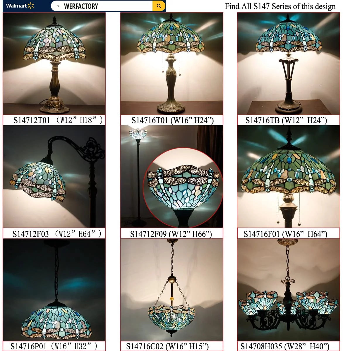 Tiffany Stained Glass Table Lamp with Metal Base, Sea Blue Dragonfly Style, 24" Tall, WERFACTORY LED Bulb Included K398