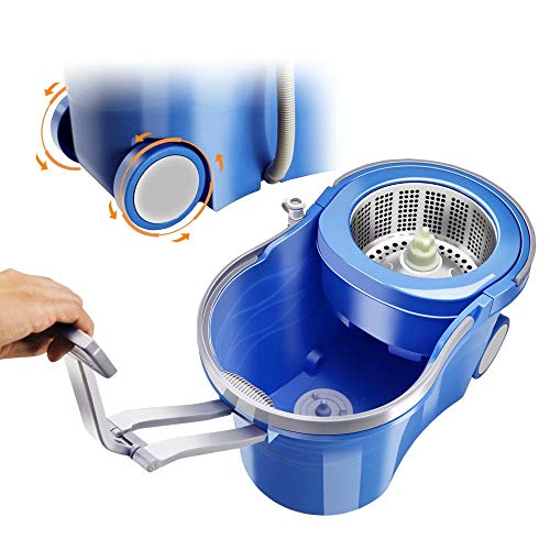 MASTERTOP Mop Bucket with Wringer Set, Spin Mop with 2 Wheels, Stainless Steel Handle, 5 Microfiber Refills T458321