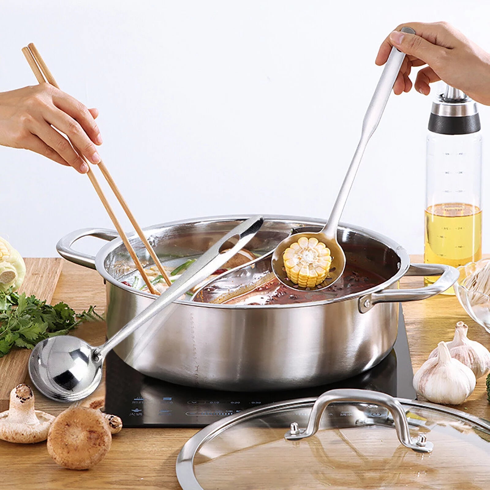 Stainless Steel Shabu Hot Pot Induction Cooker Gas Stove Compatible Pot Silver