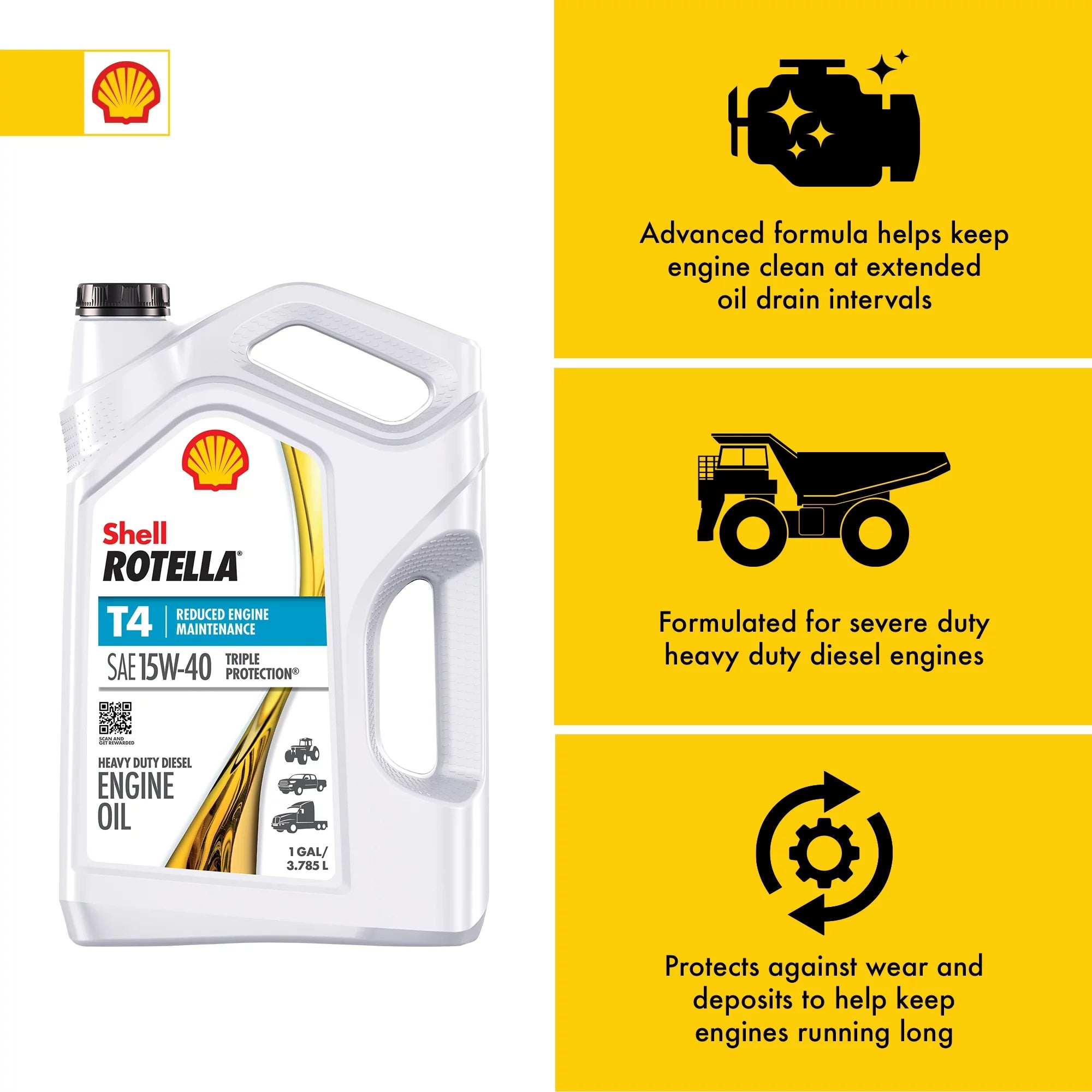 Shell Rotella T4 Triple Protection 15W-40 Diesel Motor Oil 1 Gallon 3 Pack P776