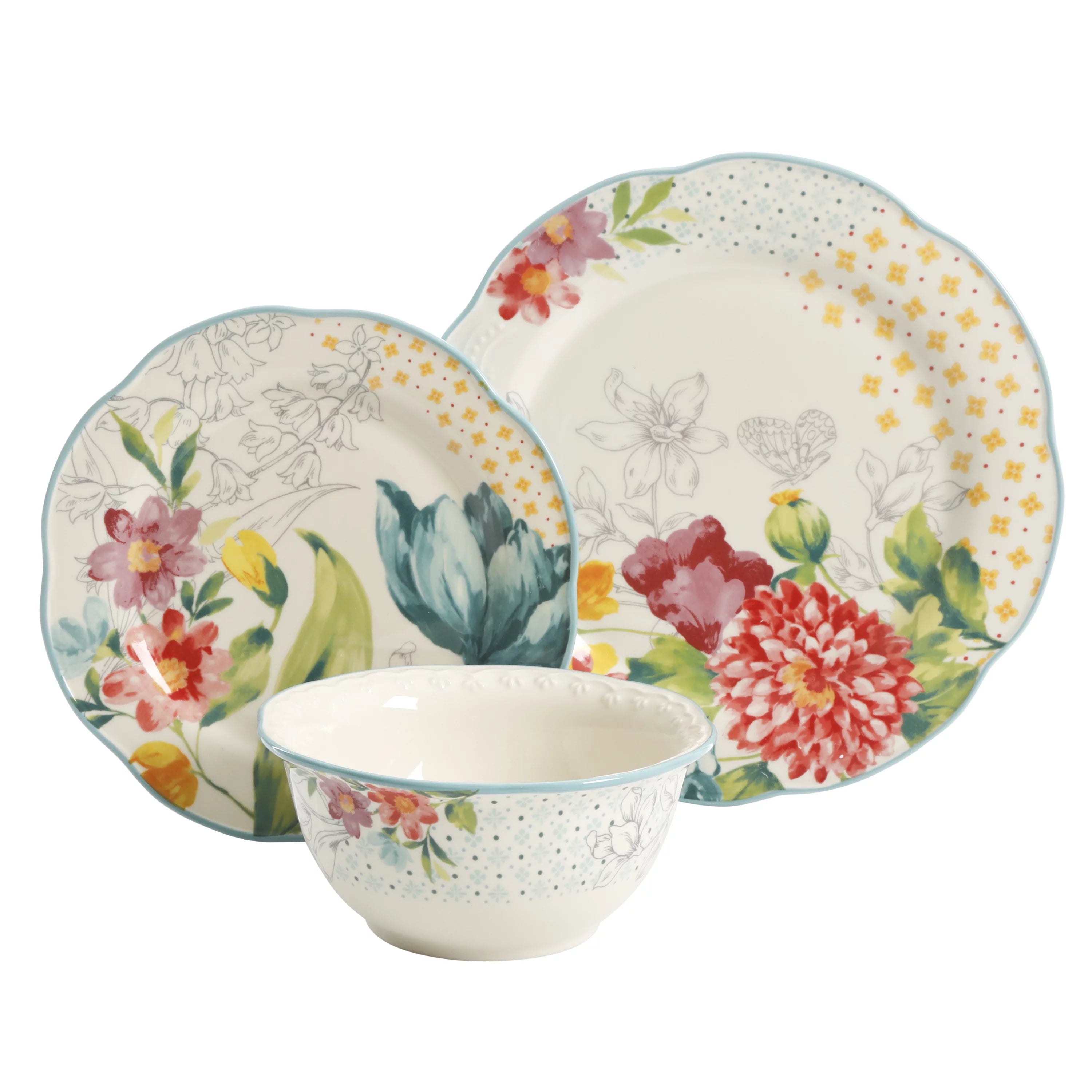 The Pioneer Woman Blooming Bouquet White Ceramic 12-Piece Dinnerware Set W31027