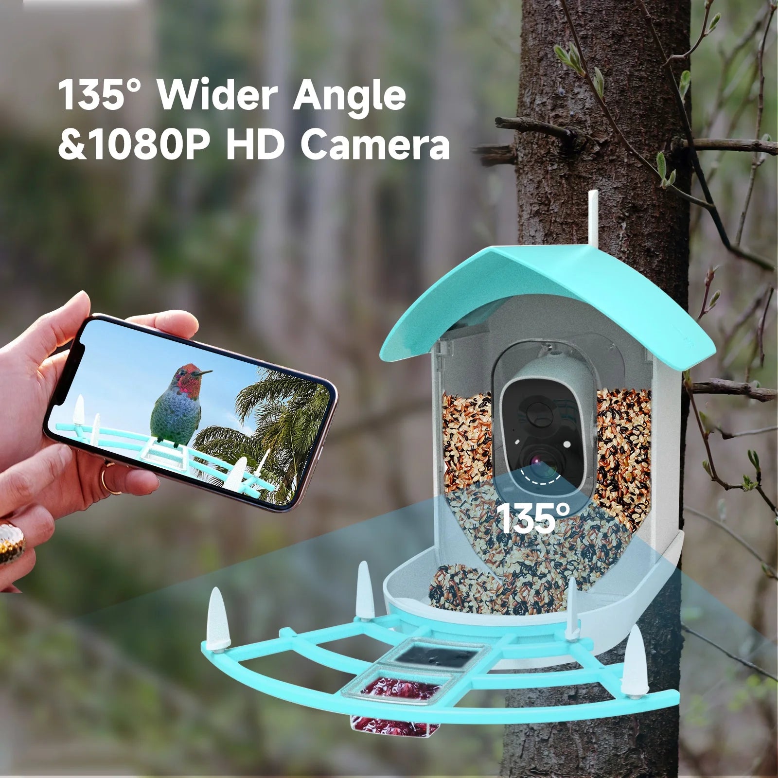 Smart Bird Feeder with Camera Solar Powered 1080P WiFi Waterproof S736795