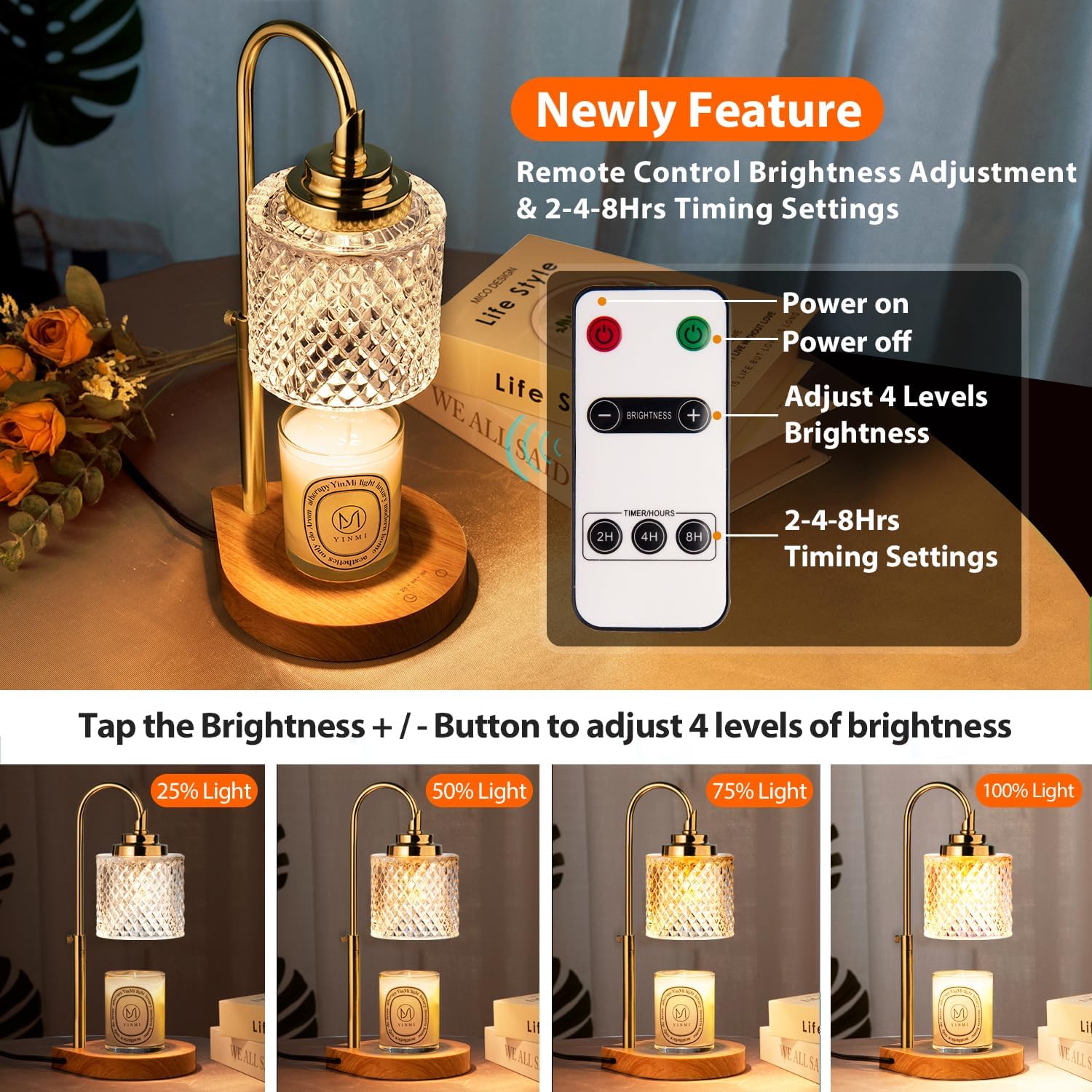 Candle Warmer Lamp with Remote Control, Dimming & Timer, Height Adjustable, 2 Bulbs N1077