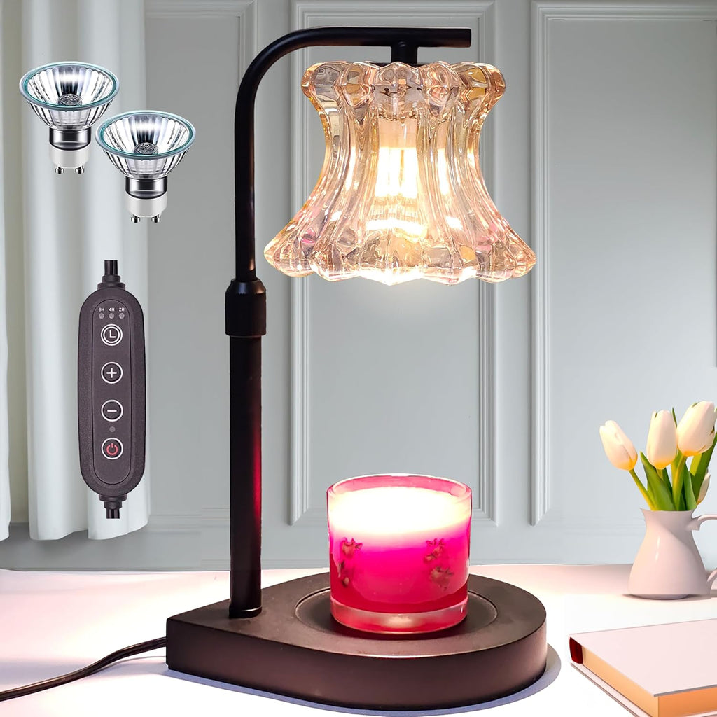 Candle Warmer Lamp with Dimmer and Timer - Vintage Electric Candle Lamp with 2 Bulbs, Adjustable Height, Fit Most of Candles Size, Home Decor Gift(Black)