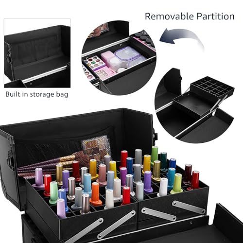 Yokilly Rolling Makeup Train Case, Aluminum Cosmetic Trolley with Swivel Wheels, Black B7317