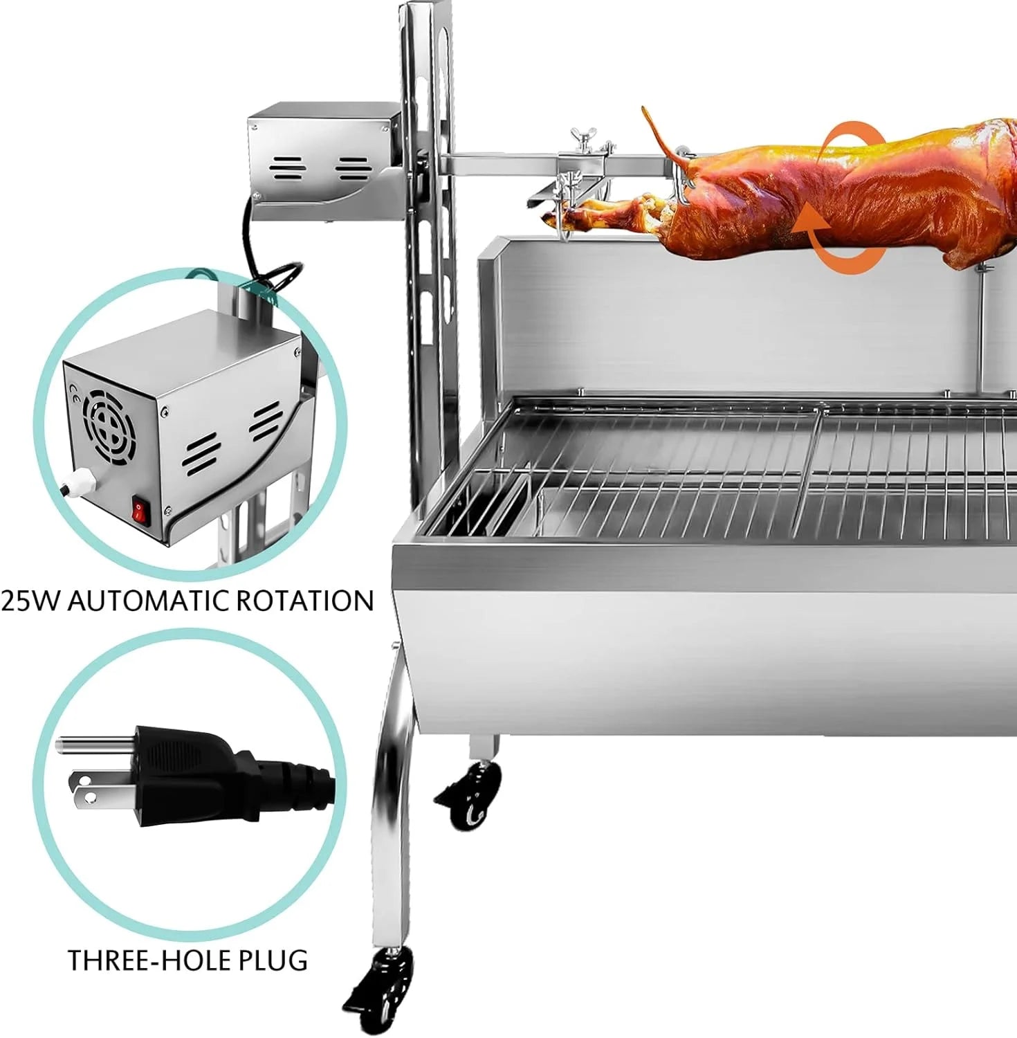 Stainless Steel Rotisserie Grill with Back Cover Guard, 25W Motor, 37'' Charcoal BBQ Z68024