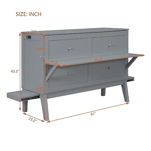 XD Designs Full Size Murphy Bed with Cabinet and Drawers, Solid Wood Wall Bed H5917