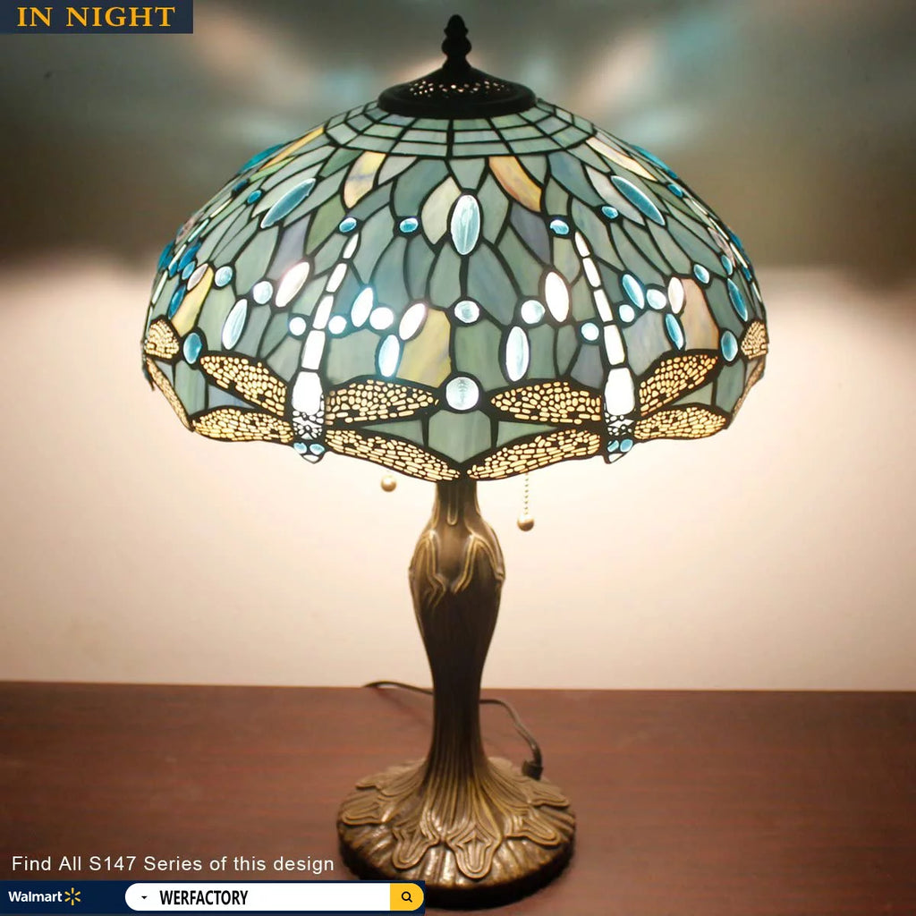 Tiffany Stained Glass Table Lamp with Metal Base, Sea Blue Dragonfly Style, 24" Tall, WERFACTORY LED Bulb Included K398