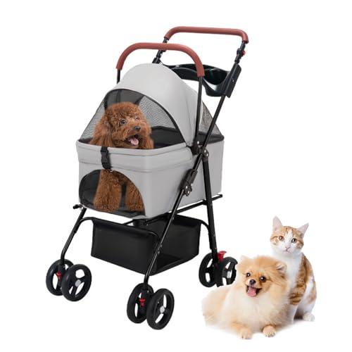 4 Wheels Pet Stroller for Small Dogs and Cats, Puppy Stroller Cat Stroller with Cup Holder & Removable Liner Storage Basket, Breathable Folding Dog Stroller Travel Carrier Pet Stroller