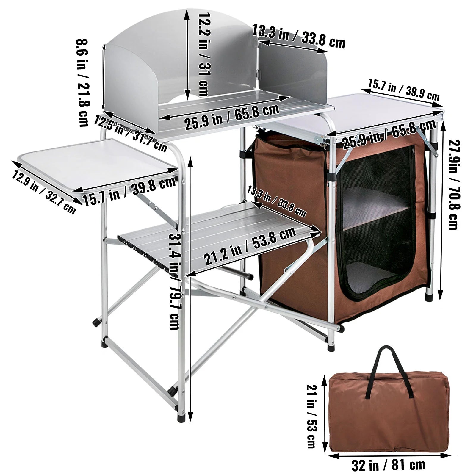 VEVOR Camping Kitchen Station, Aluminum Portable Folding Cook Table with Windshield M3664