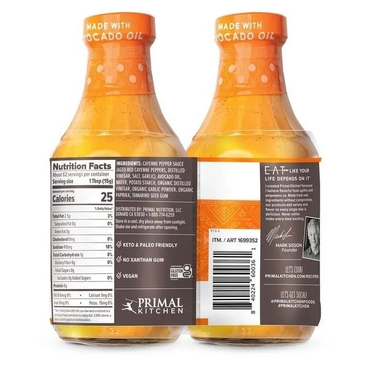 Primal Kitchen Buffalo Sauce with Avocado Oil, 16.5 oz (Pack of 2) K221