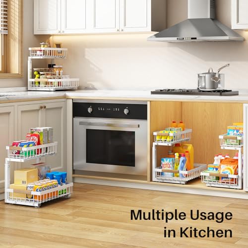Under Sink Organizer 2 Pack, 2 Tier Metal Slide Out Shelf for Kitchen Bathroom Z6321