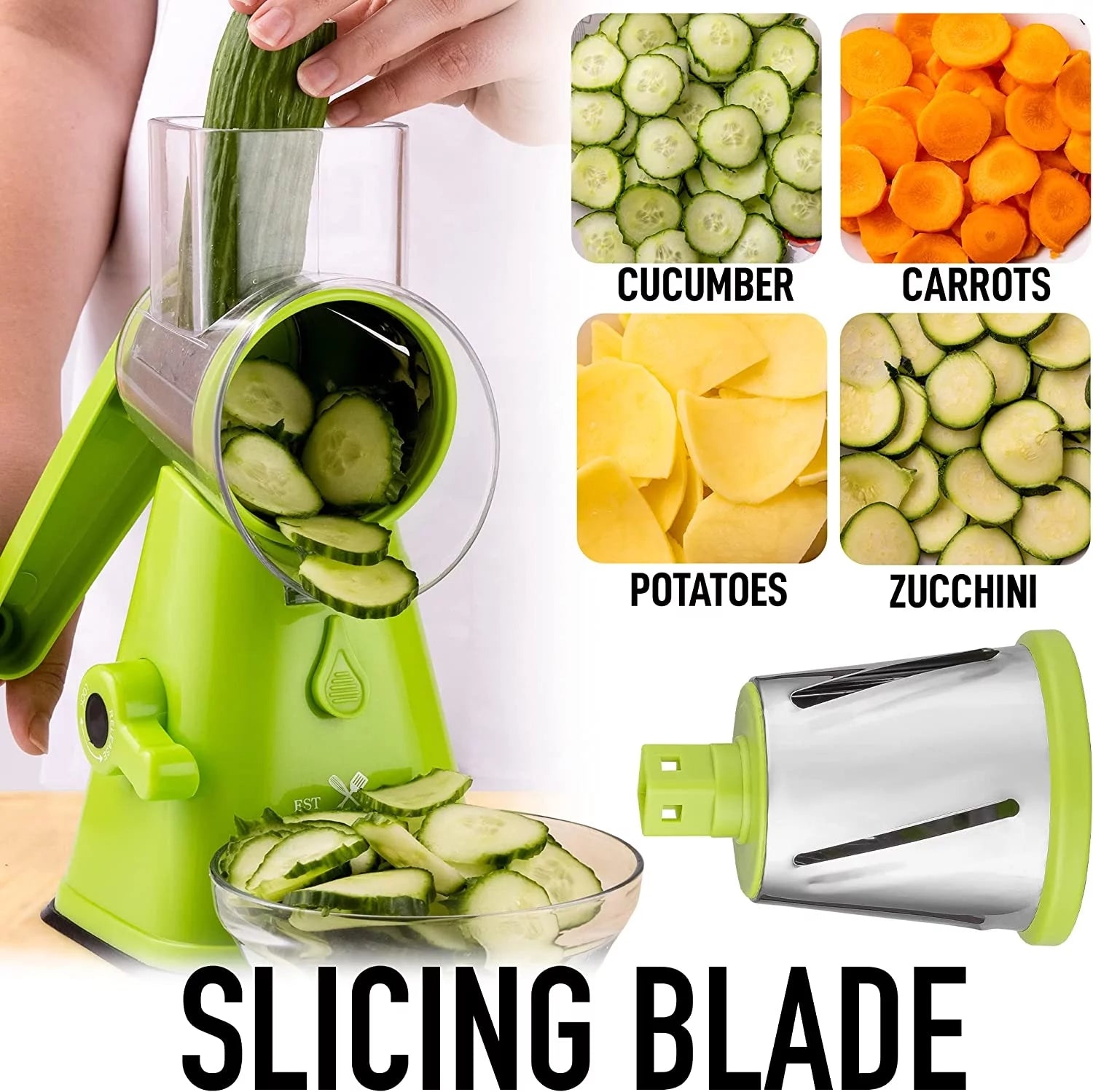 Zulay Kitchen Rotary Cheese Grater with 3 Stainless Steel Blades, Light Green A39278