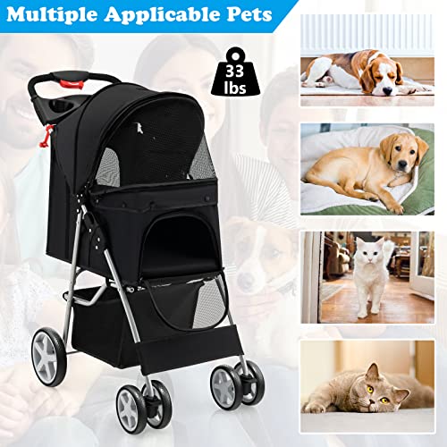 S AFSTAR 4 Wheels Pet Stroller Folding Cat Dog Carrier with Storage Basket, Black P905