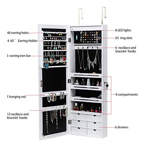 Bonnlo Jewelry Armoire with LED Lights, Lockable Storage Cabinet, White A227