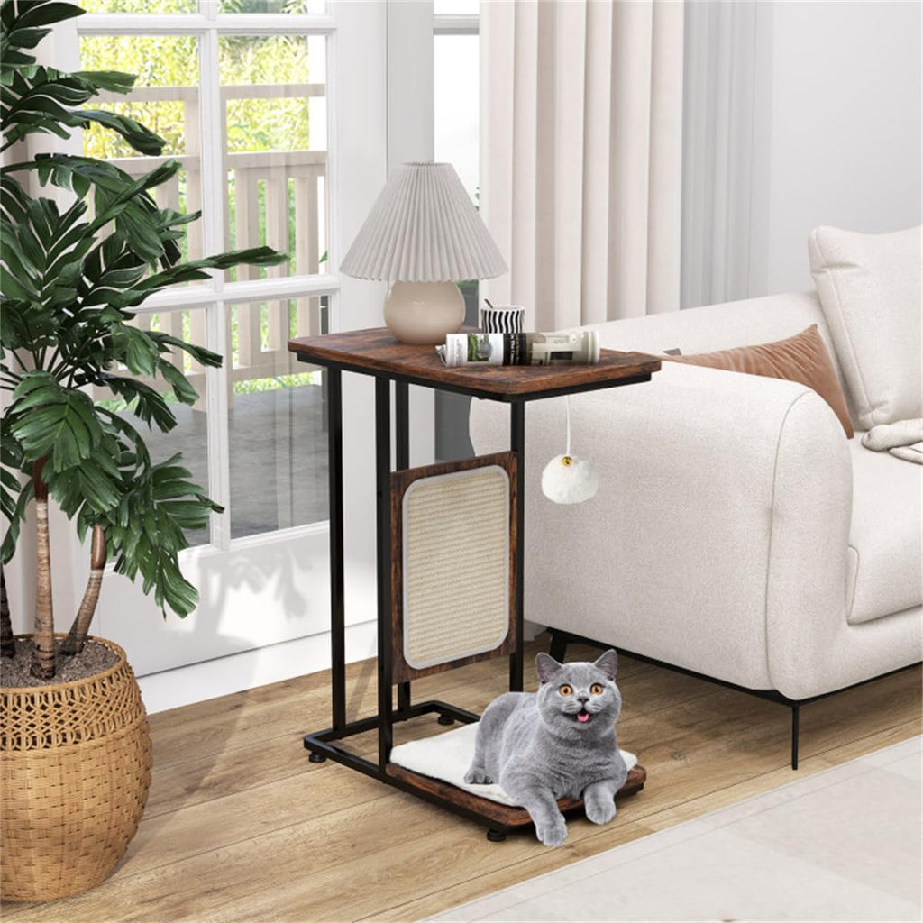 Cat End Table with Scratching, Industrial Style Nightstand M569