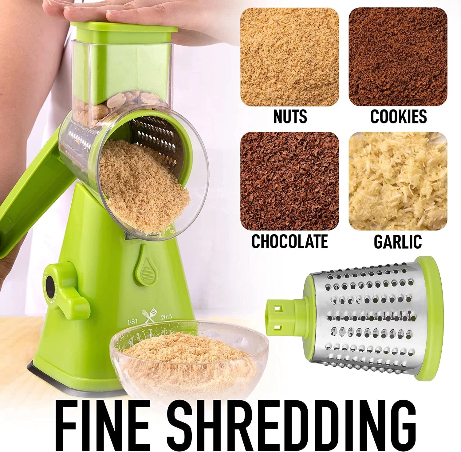 Zulay Kitchen Rotary Cheese Grater with 3 Stainless Steel Blades, Light Green A39278