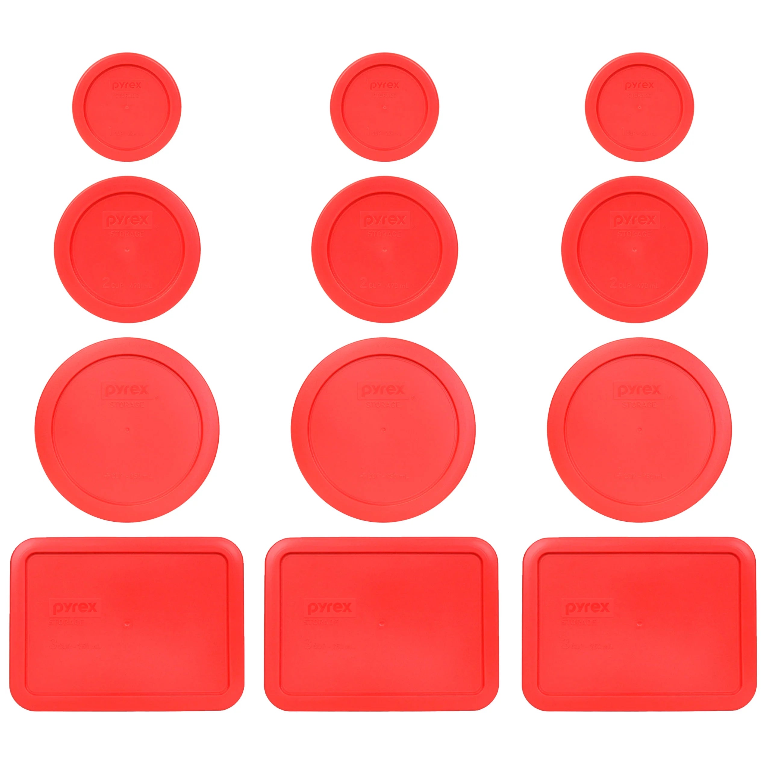 Pyrex (3) 7202-PC 1-Cup (3) 7200-PC 2-Cup, (3) 7201-PC 4-Cup, and (3) 7210-PC 3-Cup Red Replacement Lids