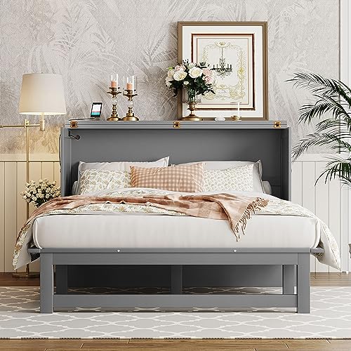 XD Designs Full Size Murphy Bed with Cabinet and Drawers, Solid Wood Wall Bed H5917