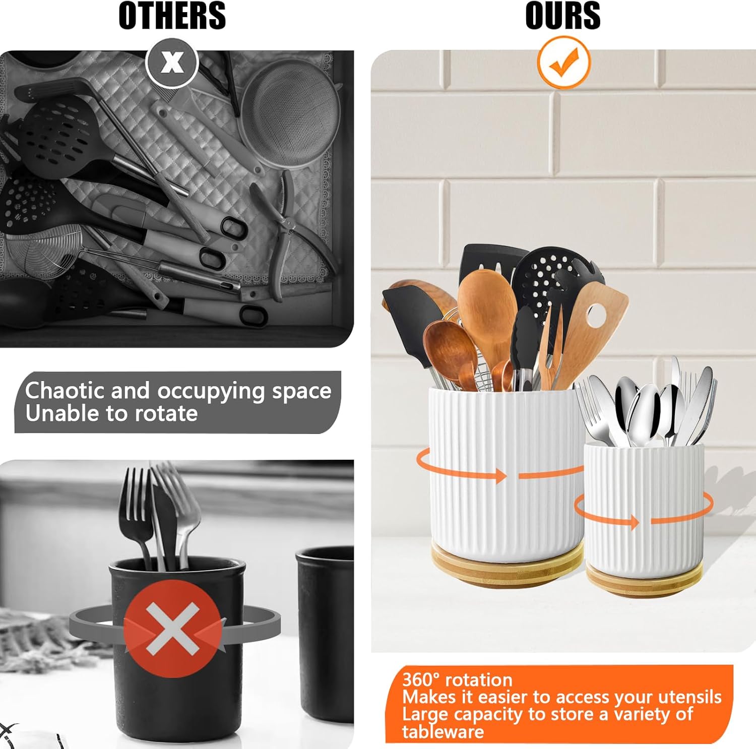 Utensil Holder, 360° Rotating Ceramic Kitchen Organizer, White, Set of 2 V996