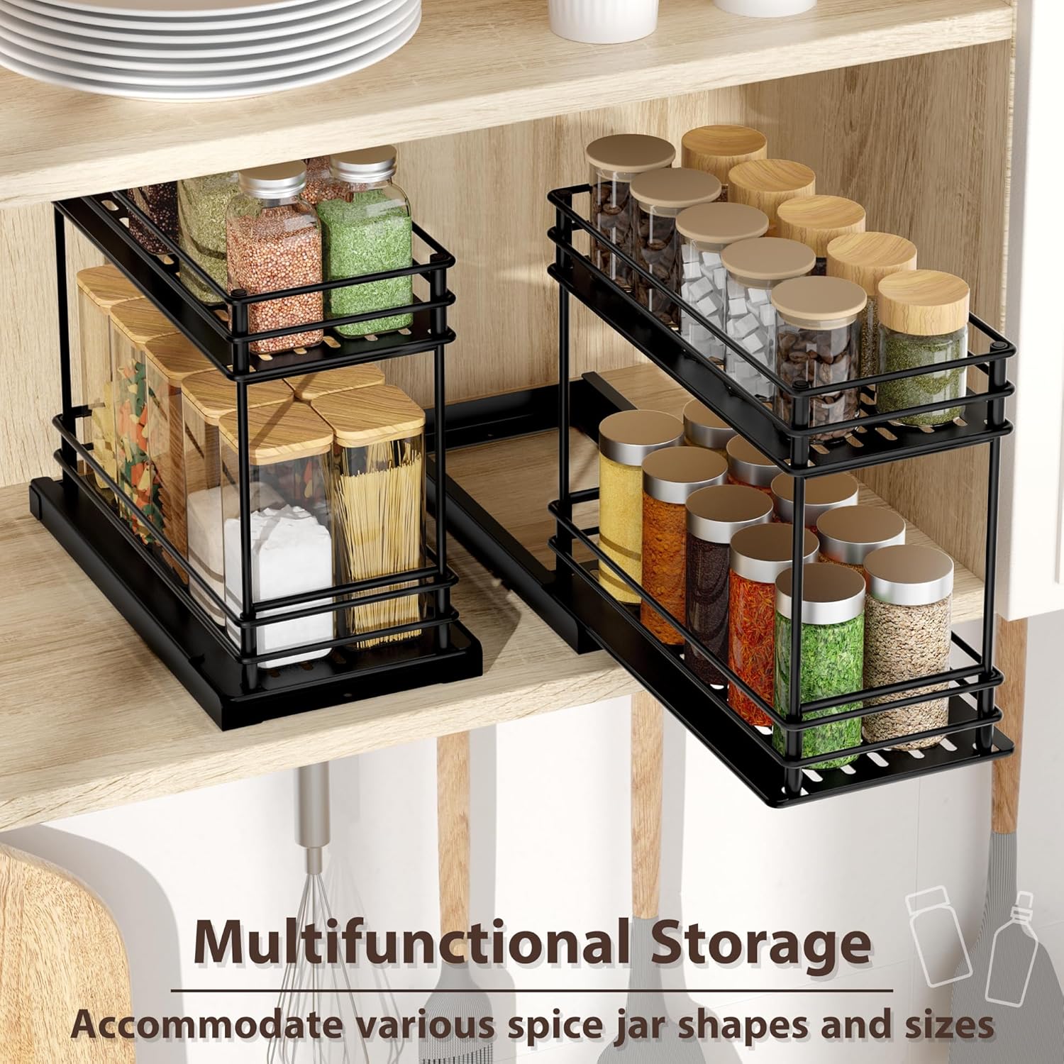 Tikea Spice Rack Organizer 2-Pack, 2-Tier Pull Out for Kitchen Cabinet S2816