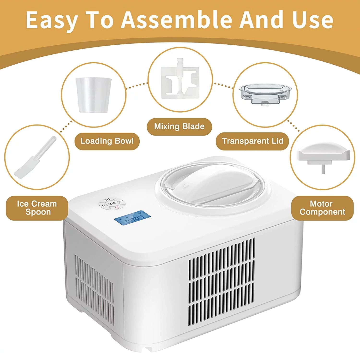 Auseo 1.5qt Ice Cream Maker with Compressor, Electric Automatic O883