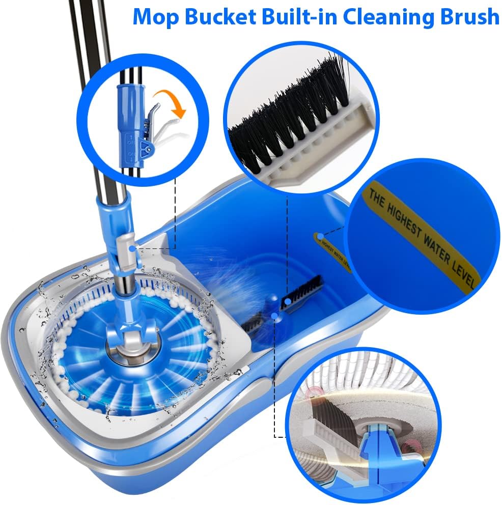 MASTERTOP Spin Mop and Bucket with Wringer, Microfiber Floor Cleaning System, Stainless Steel Handle, 5 Reusable Pads H3282