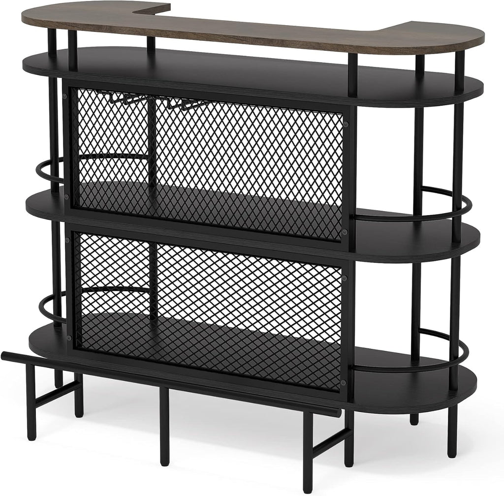 4 Tier Bar Cabinet with Storage Shelves, Foot Rail and Wine Glasses Holder, Black and Walnut Z731