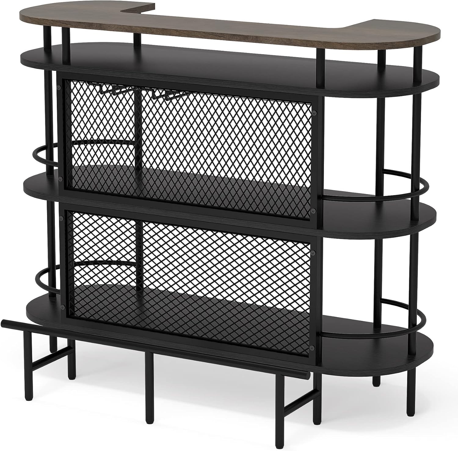 4 Tier Bar Cabinet with Storage Shelves, Foot Rail and Wine Glasses Holder, Black and Walnut Z731