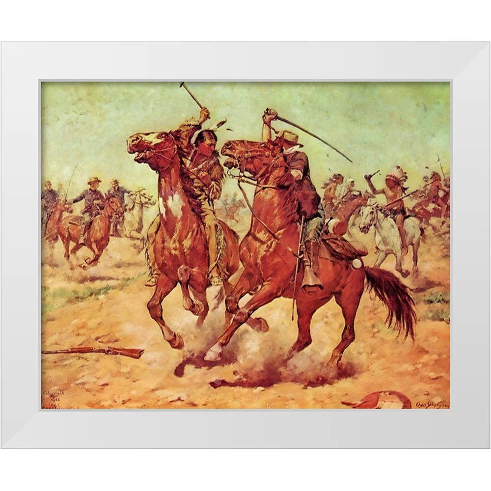 Shreyvogel, Charles 18x15 White Modern Wood Framed Museum Art Print Titled - The Duel - Tomahawk and Sabre