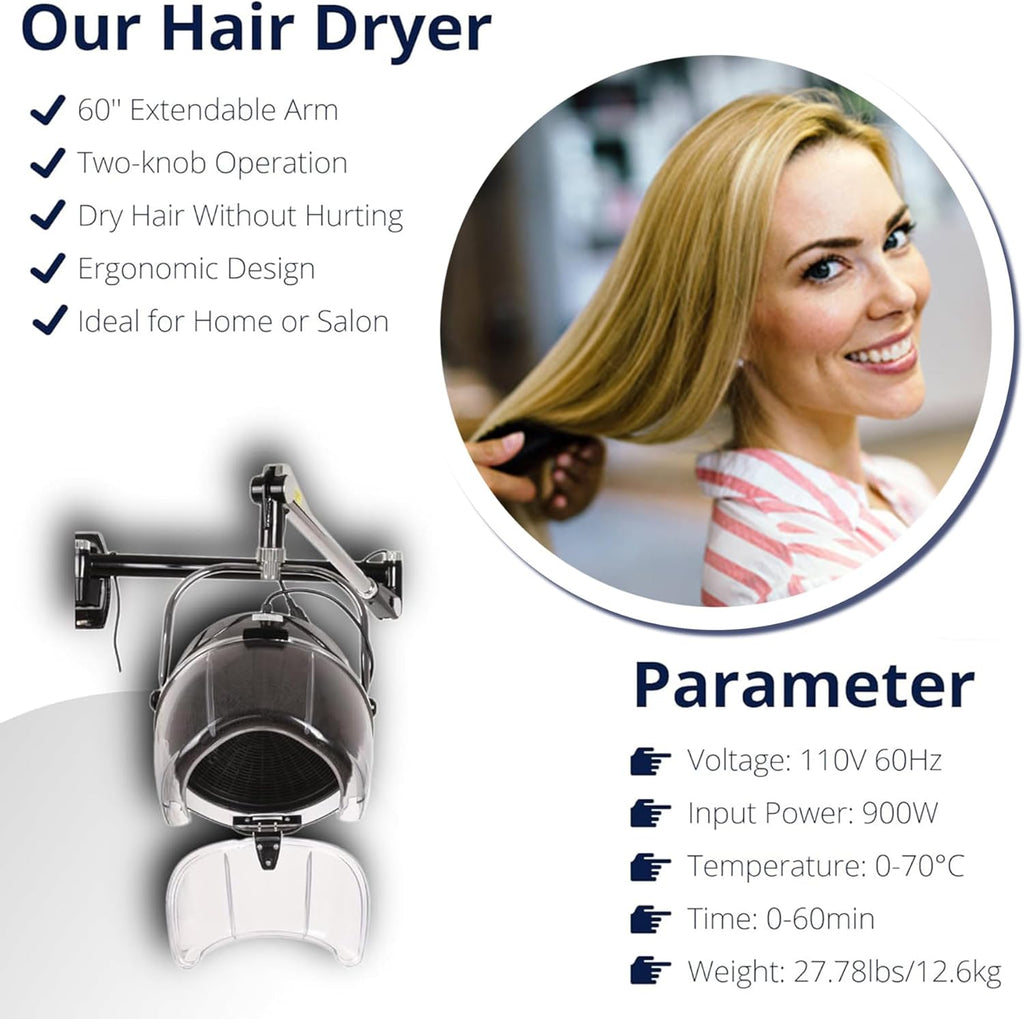 Samger Retractable 900W Wall Mounted Hair Hood Dryer with Swivel Arm A801024