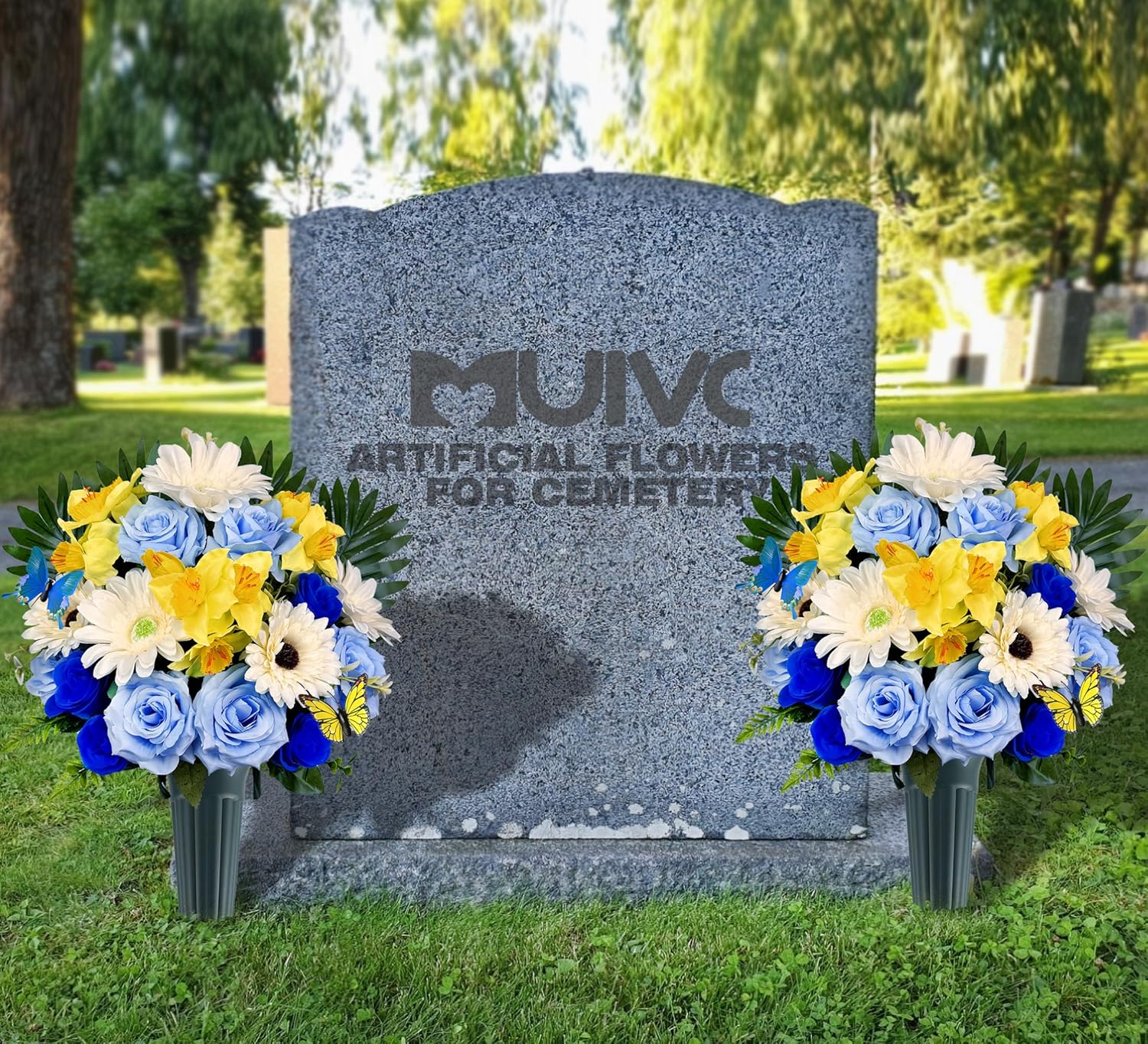 Artificial Cemetery Flowers for Grave with Headstone Vase and 2 Butterflies, Blue/White/Yellow V693110