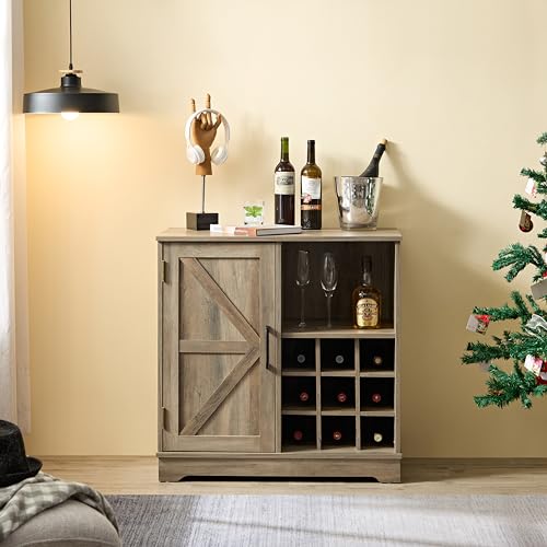 31.5" H Farmhouse Coffee Bar Cabinet,Sideboard Cabinet with Drawer and Sliding Barn Door,Rustic Wine Bar Sideboard Table for Kitchen, Living Room, Dining Room (Gray Wash)