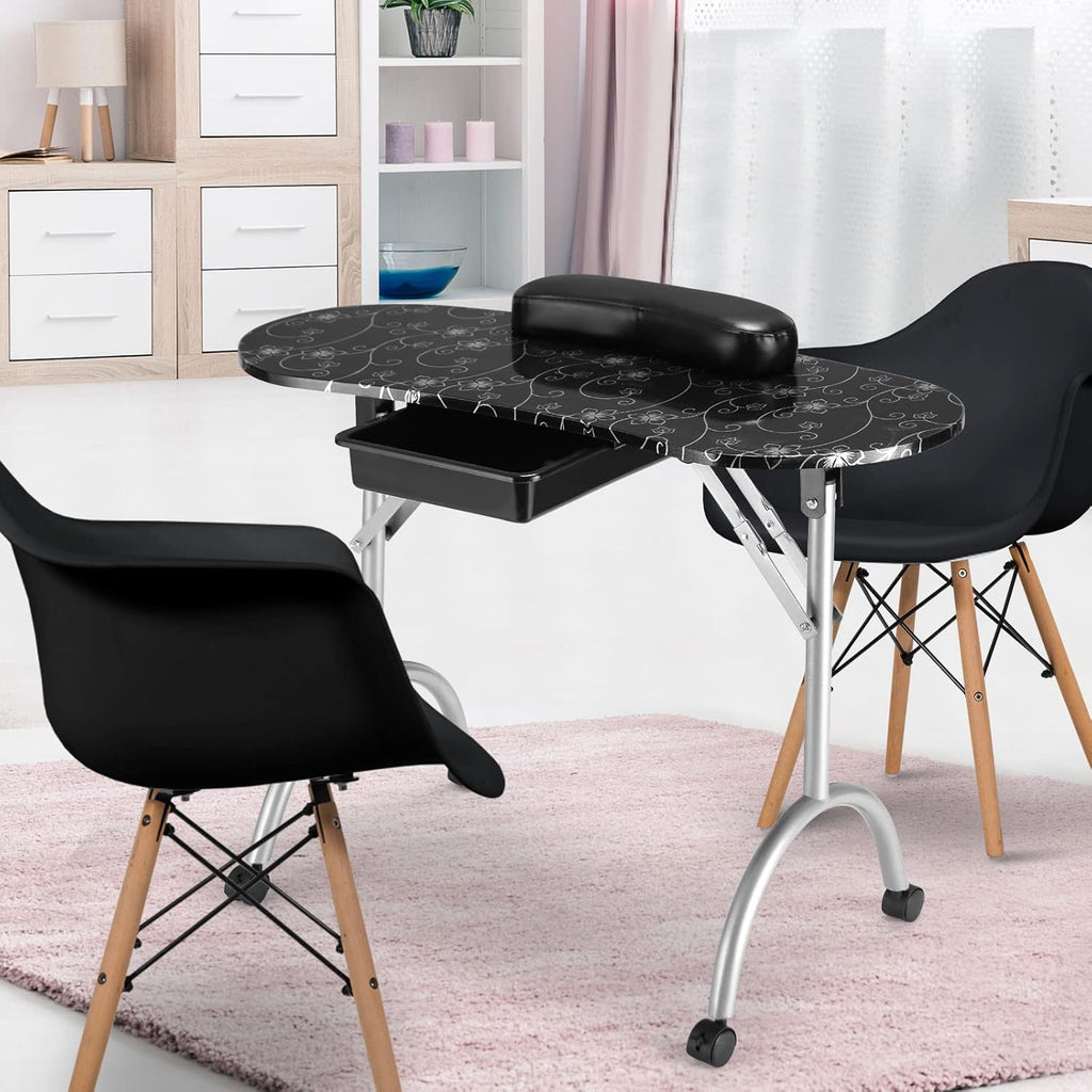 Giantex Portable Manicure Table with Drawer, Wrist Rest, Lockable Casters, Carrying Bag, Black R745771