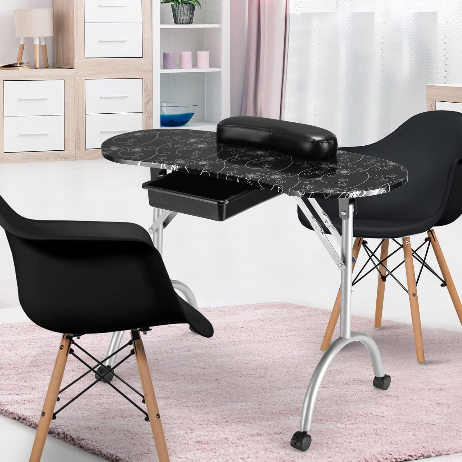 Giantex Portable Manicure Table with Drawer, Wrist Rest, Lockable Casters, Carrying Bag, Black R745771