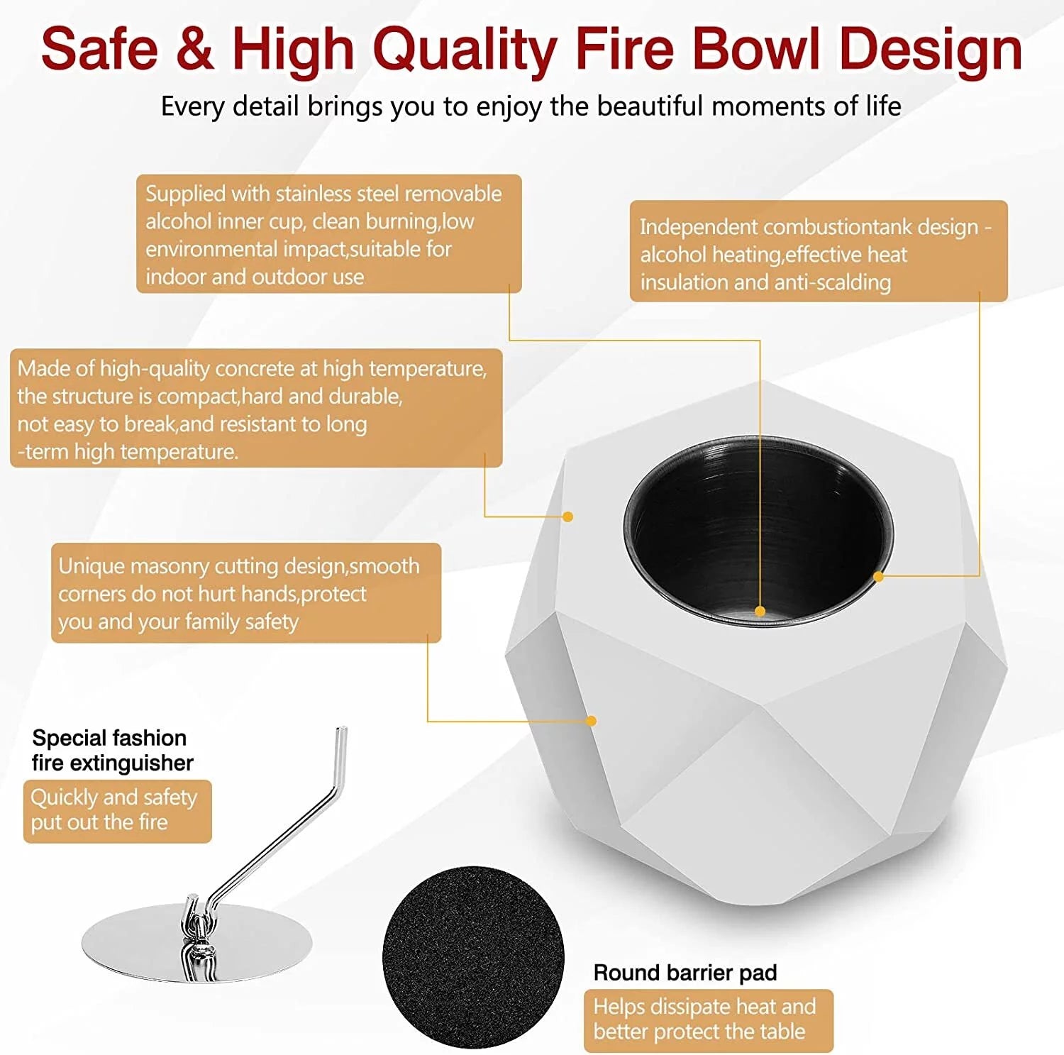 Concrete Tabletop Fire Pit Bowl Indoor Outdoor Portable D708697