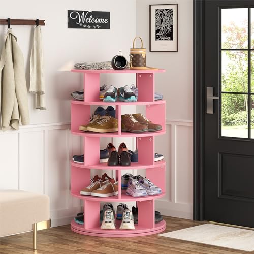 Aheaplus Rotating Shoe Rack, 5-Tier Wood Shoe Organizer, 360° Spinning, Pink O13204