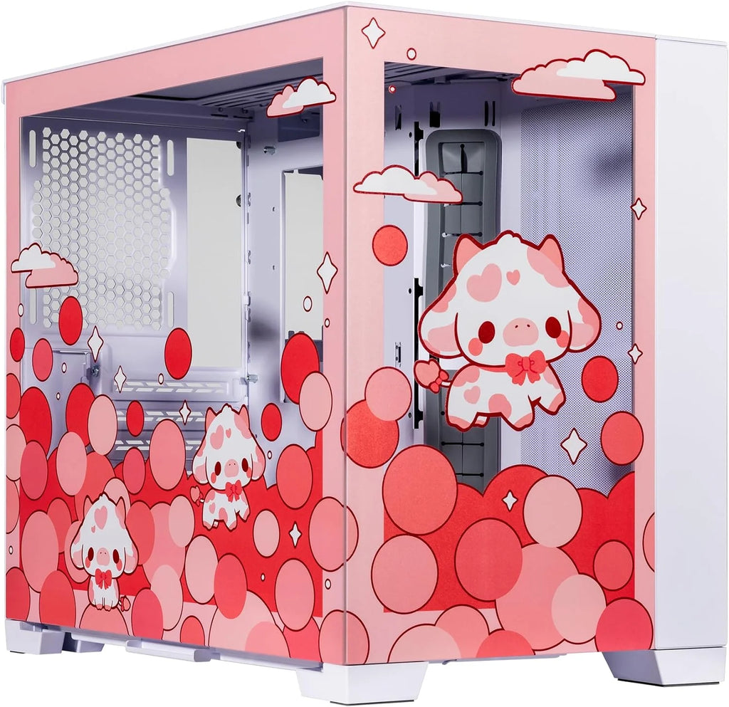Velztorm Bubble Cow Custom Art Aluminum Tempered Glass O11 Dynamic Mini Rose Pink Gaming Computer Case, Supports Mini-ITX, Micro-ATX, and ATX Motherboard Sizes, O11D Mini-S