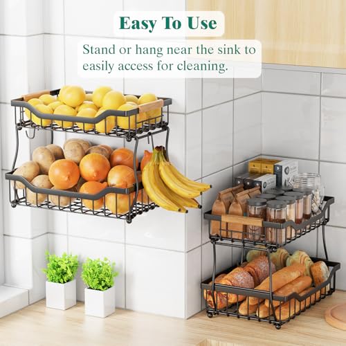 3 Tier Countertop Fruit Basket for Kitchen with Banana Hangers, Black V979701