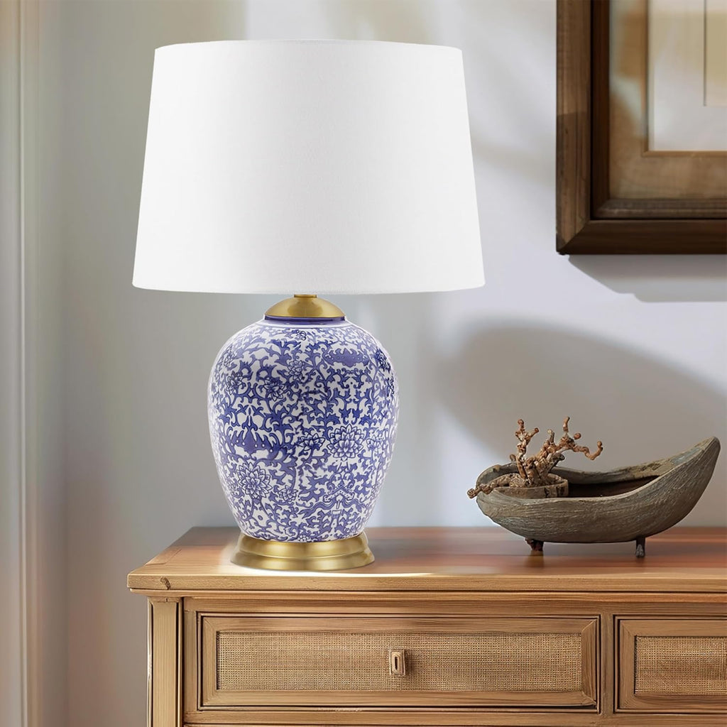MARTHA STEWART Mystique Table Lamp - Ceramic Urn Nightstand Bedside Lamp, Lily Pond Collection, Chinoiserie-Inspired Pattern, Clear Polarized Cord, in-line Swtich, Tapered Drum Shade, 22.5" H Blue