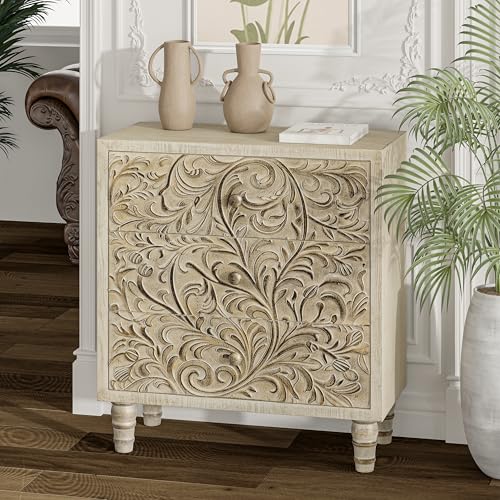 LONYKE 3 Drawer Farmhouse Dresser with Embossed Flower Motif, Weathered White P4937