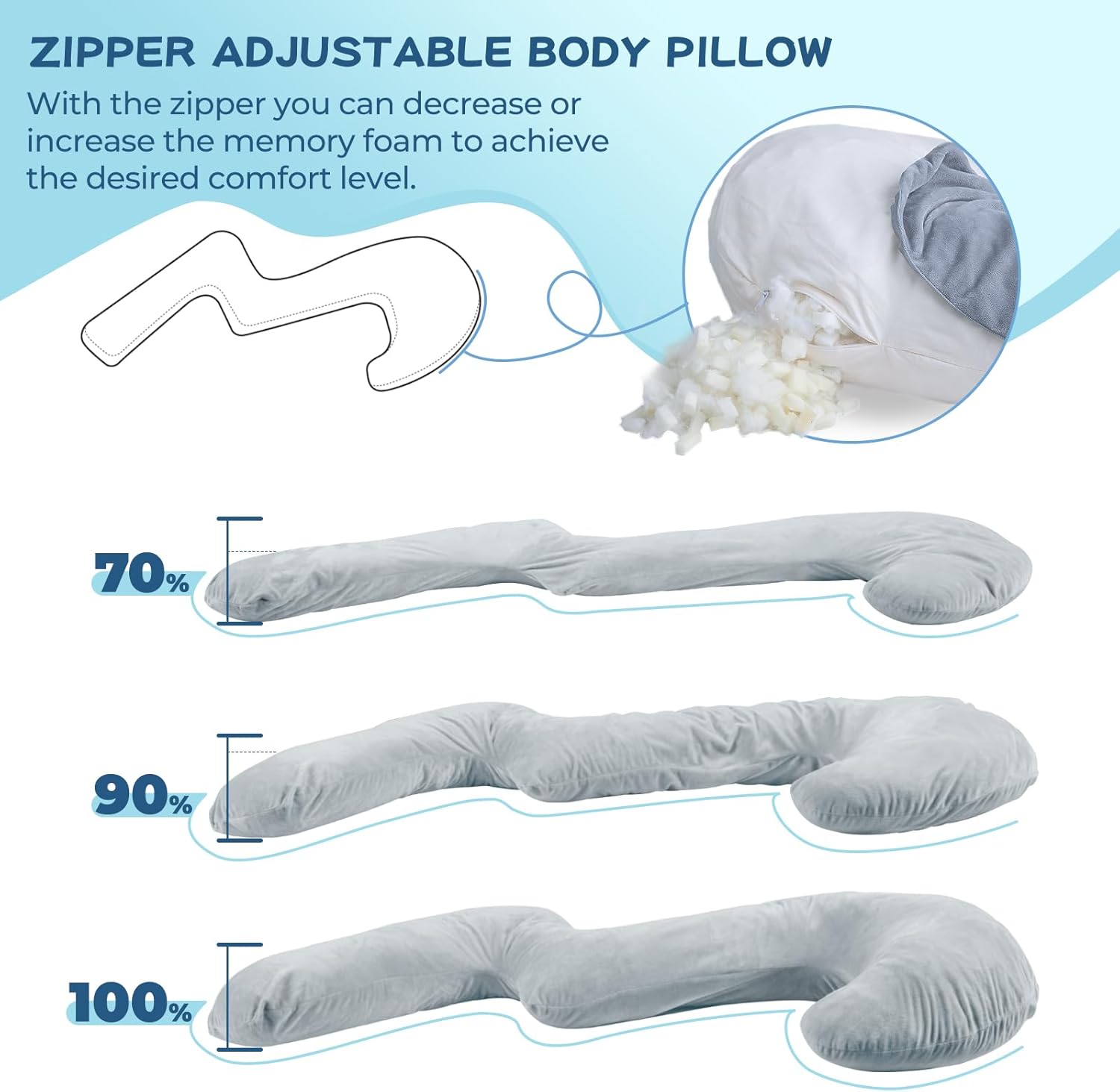 SAHEYER Swan Body Pillow for Adults, Adjustable Shredded Memory Foam, Grey F53604