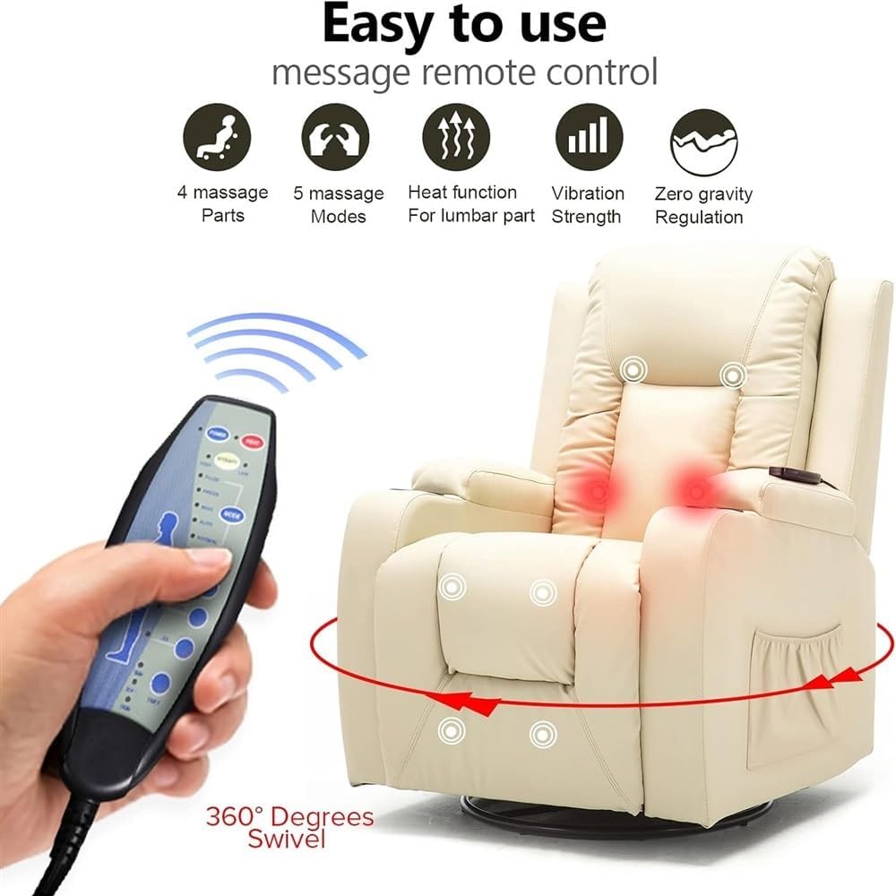 Deluxe Lazy Boy Recliner Chair Massage Rocker with Heated PU Leather, Cream H221888